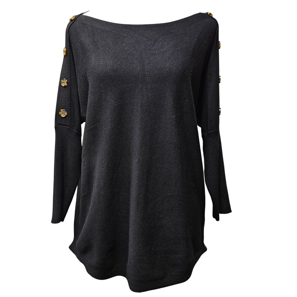 Melissa Paige Womens M Black Boat Neck Sweater Faux Wood Button Tunic Top